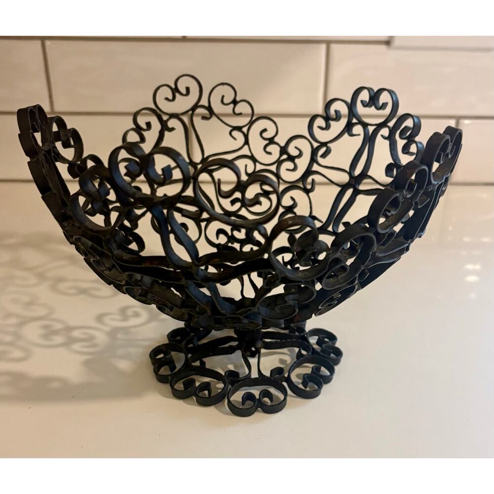 Vintage Black Metal Fruit Basket Pedestal Centerpiece made in Spain